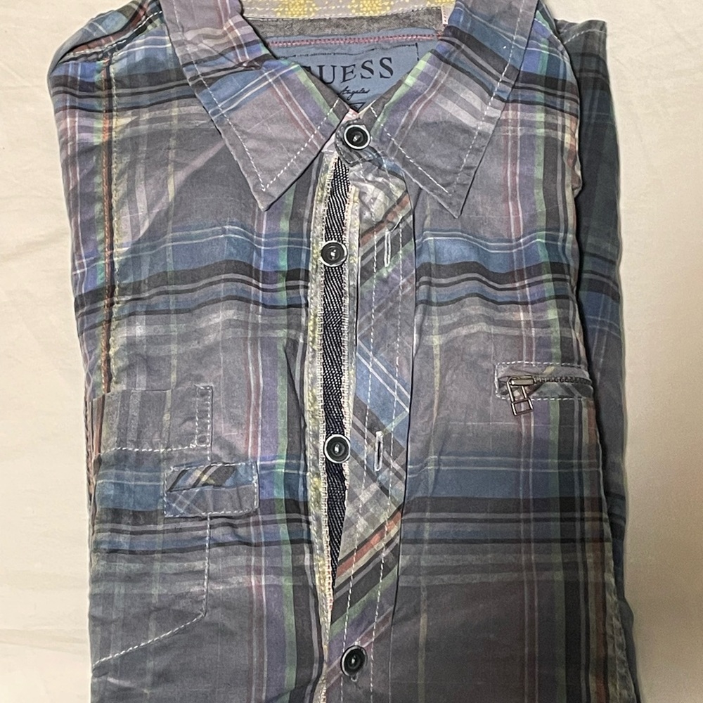 Mens XL Vintage western type dye distressed Guess Multicolor Plaid Shirt